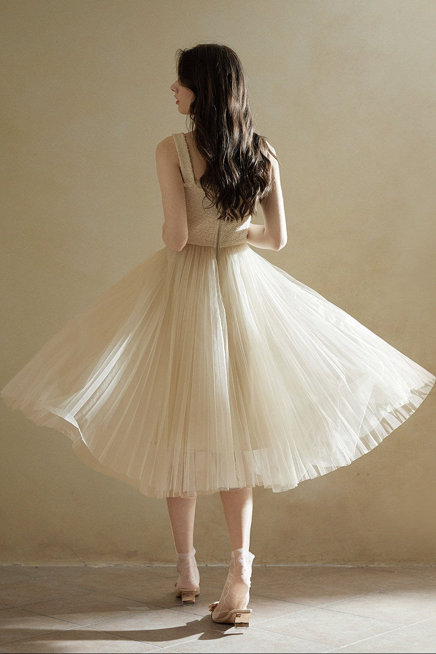 Elegant Beige Tulle Midi Dress | Sleeveless A-Line Gown for Special Occasions