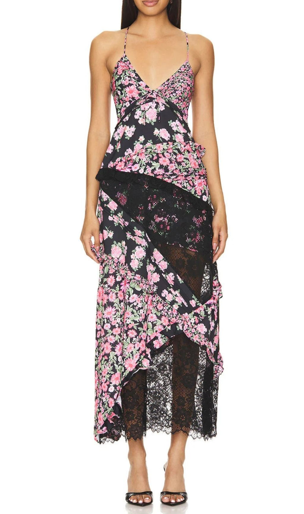 Georgia Black Floral & Lace Maxi Dress | Romantic V-Neck Ruffle Gown