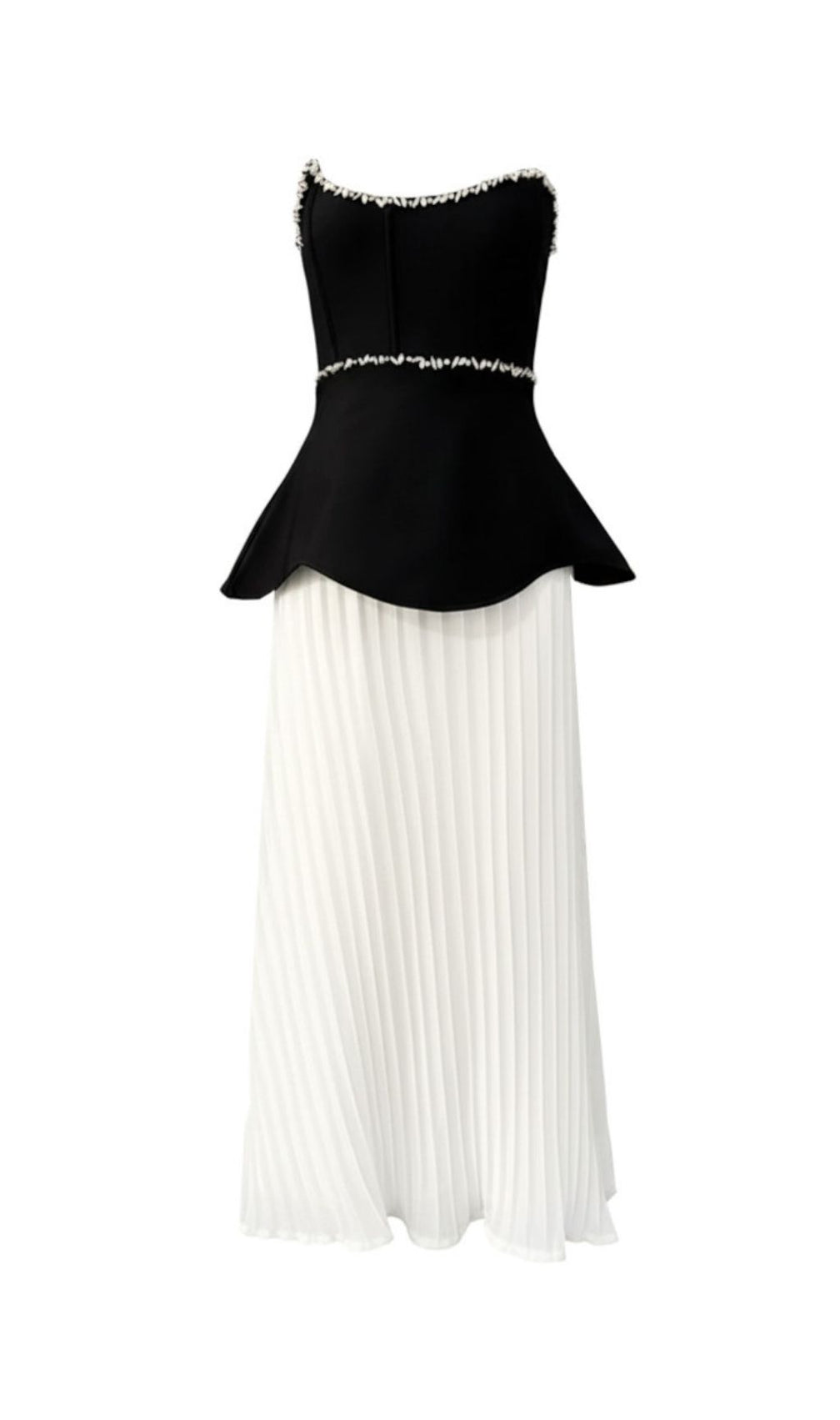Khaleesi Elegance: Strapless Peplum Diamante Pleated Maxi Dress - Black & White Gown