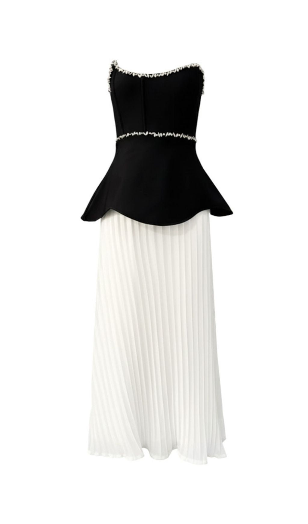 Khaleesi Elegance: Strapless Peplum Diamante Pleated Maxi Dress - Black & White Gown