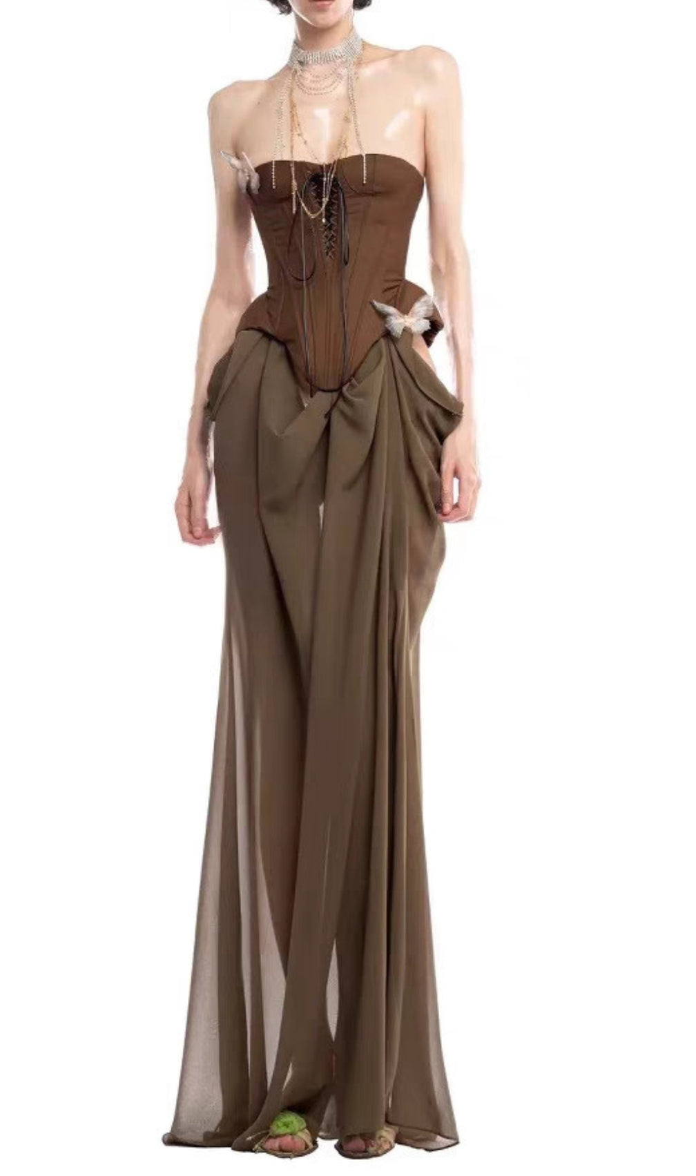 Edna Brown Strapless Corset Maxi Dress