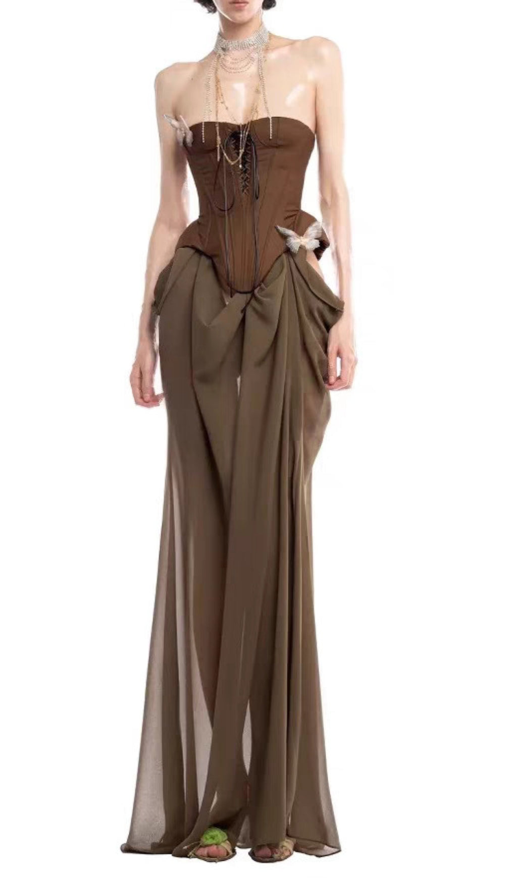 Edna Brown Strapless Corset Maxi Dress