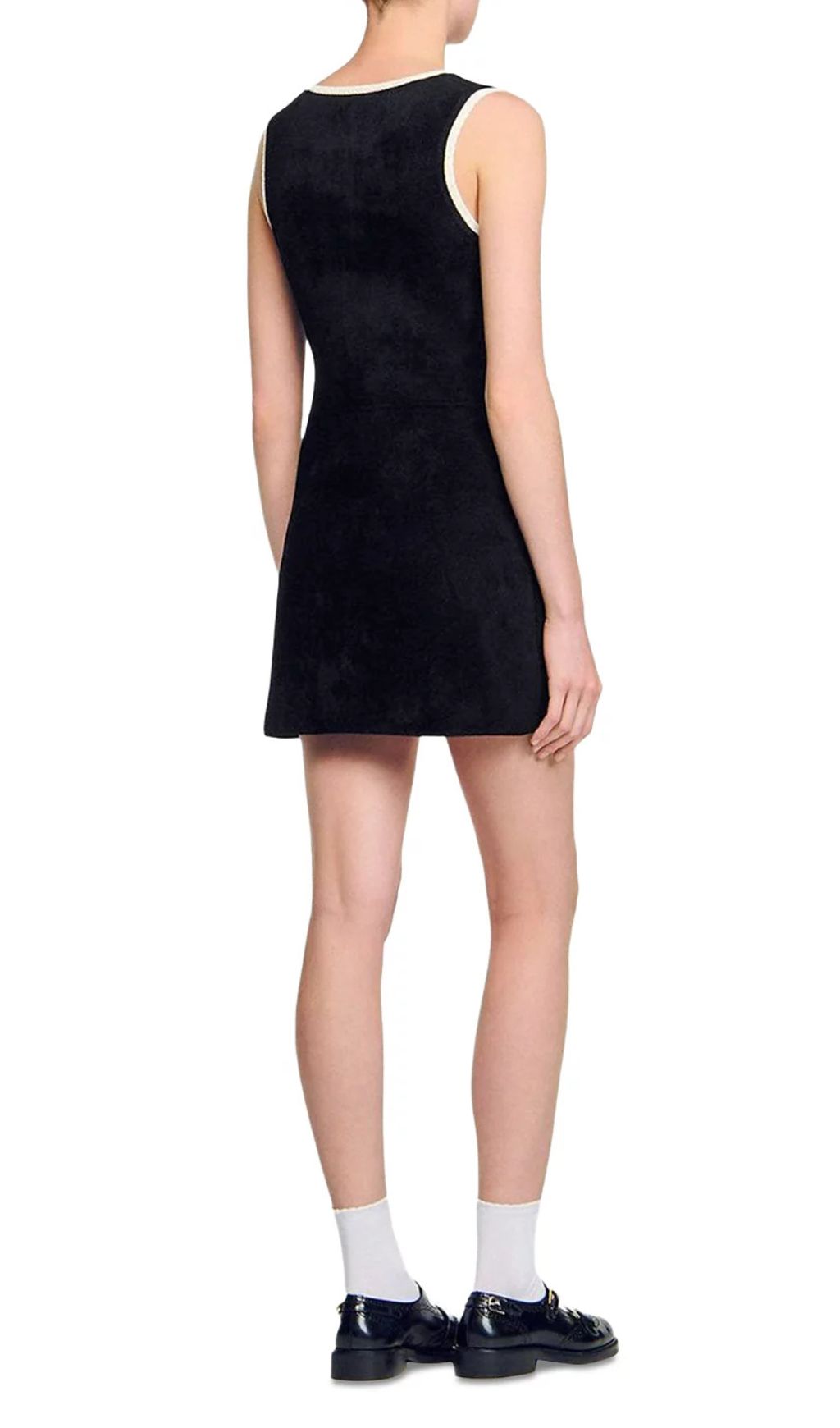 Jenne Black Sleeveless Mini Dress with Contrast Trim & Gold Button Details