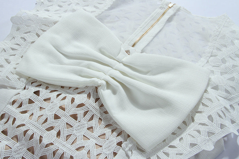 White Bow Embroidered Mini Dress