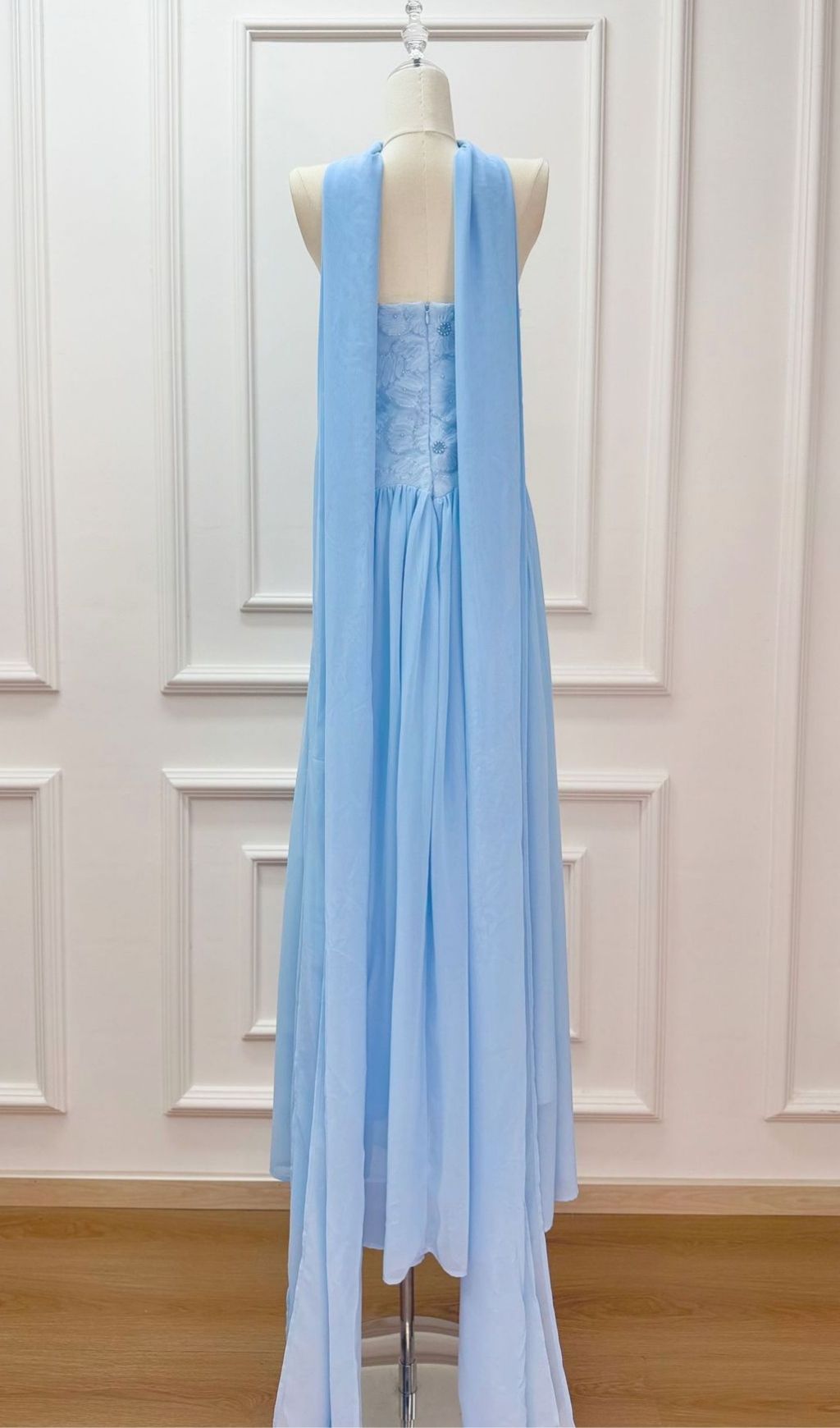 Kenley Sky Blue Strapless Floral Appliqué Maxi Gown with Shawl