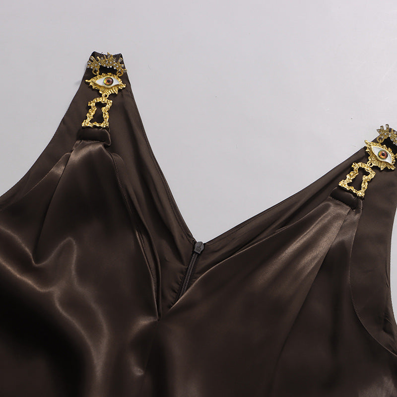 Jase Luxe Brown Satin V-Neck Maxi Gown with Embellished Straps