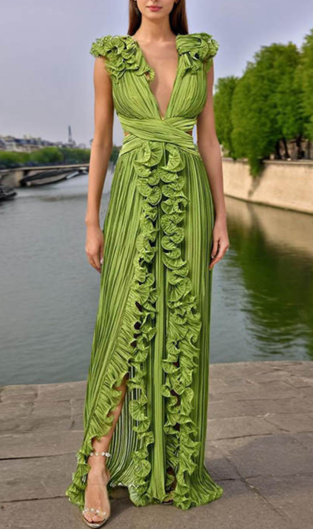 Beulah Green Deep V-Neck Ruffle Slit Maxi Dress