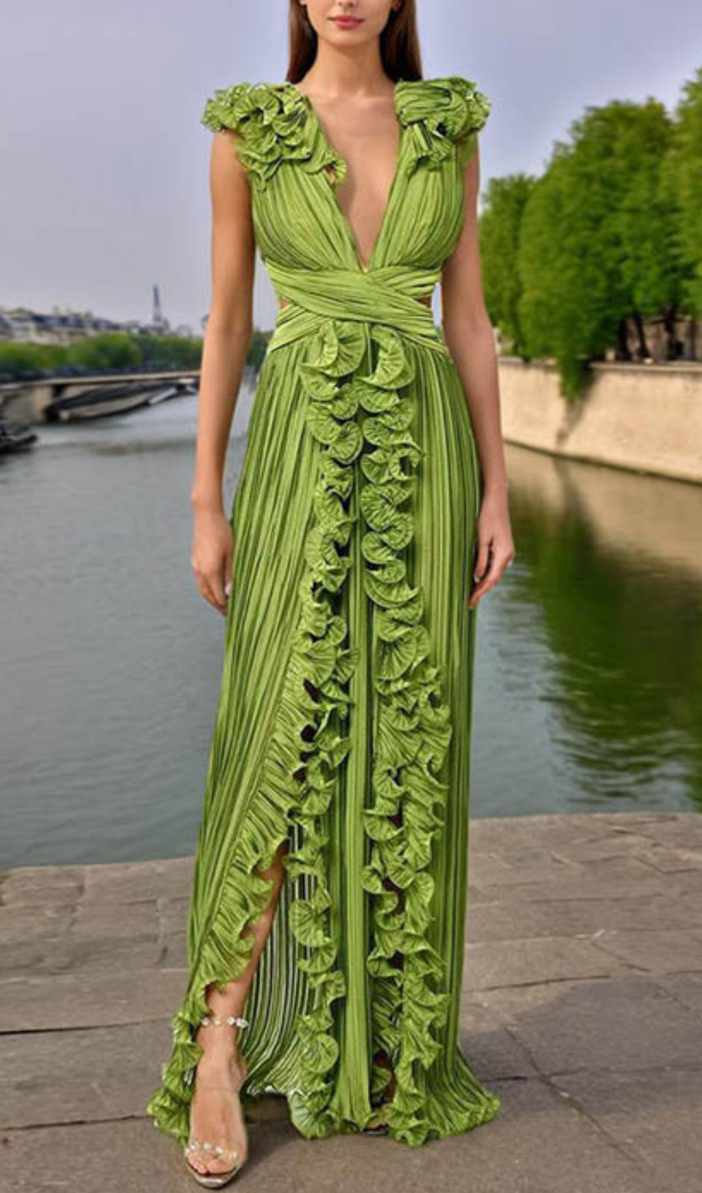 Beulah Green Deep V-Neck Ruffle Slit Maxi Dress