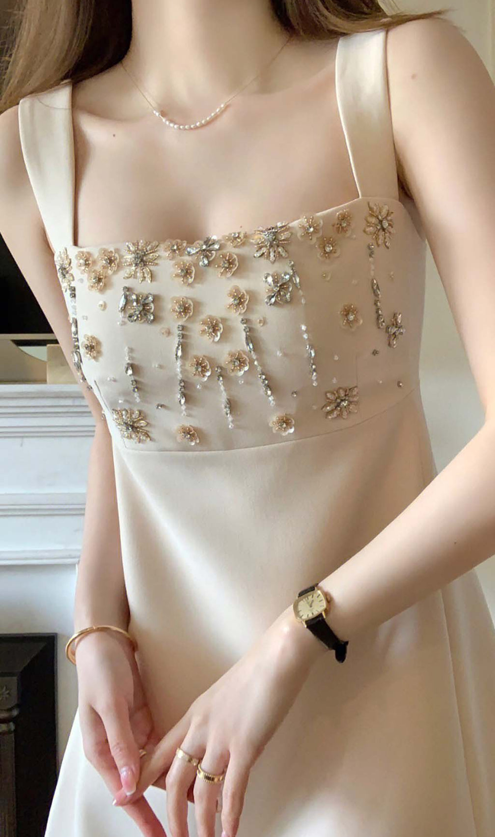 Strappy Crystal Embellished Mini Dress In Beige