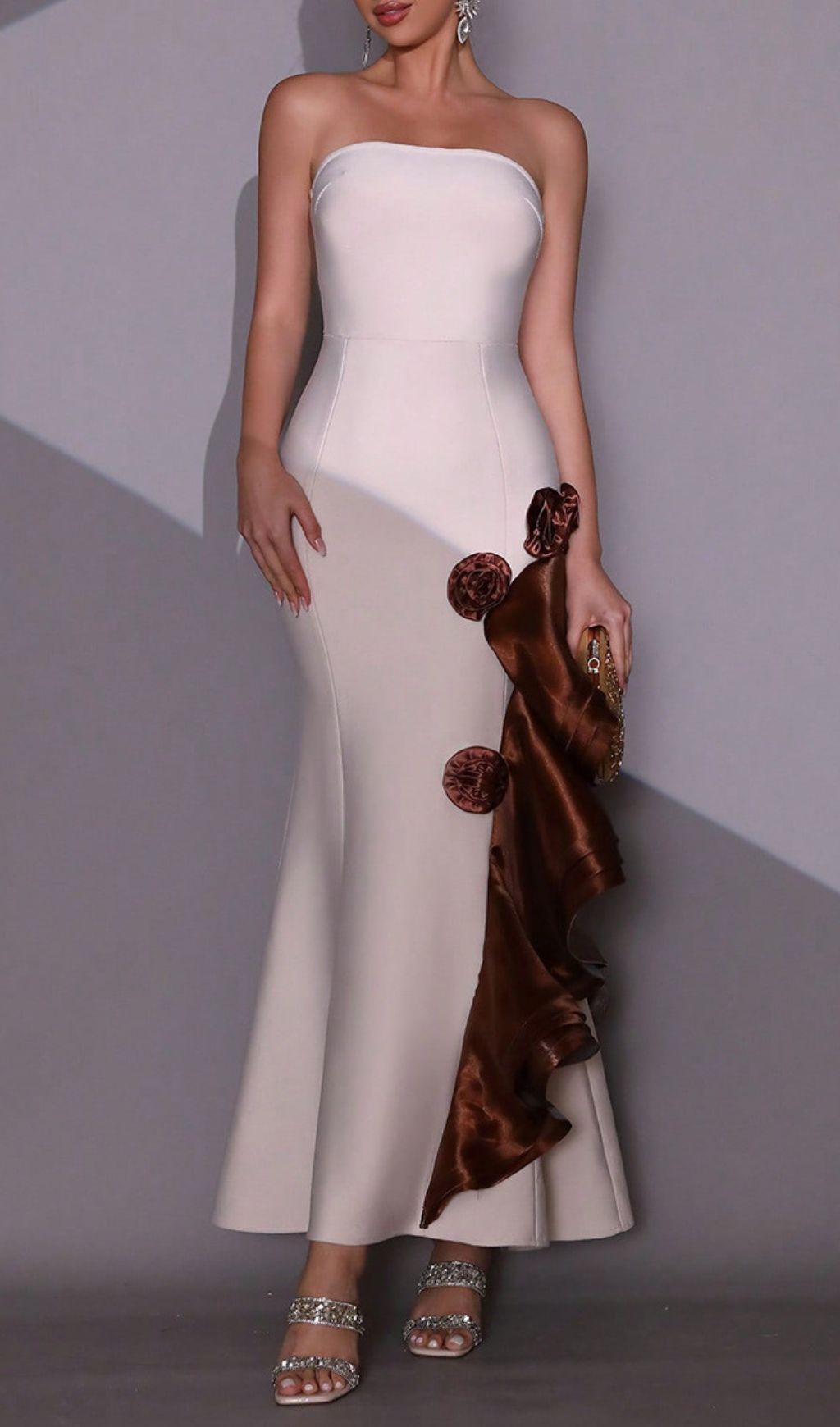 Hadria Luxe Strapless Bandage Maxi Gown with Embellished Satin Cascade