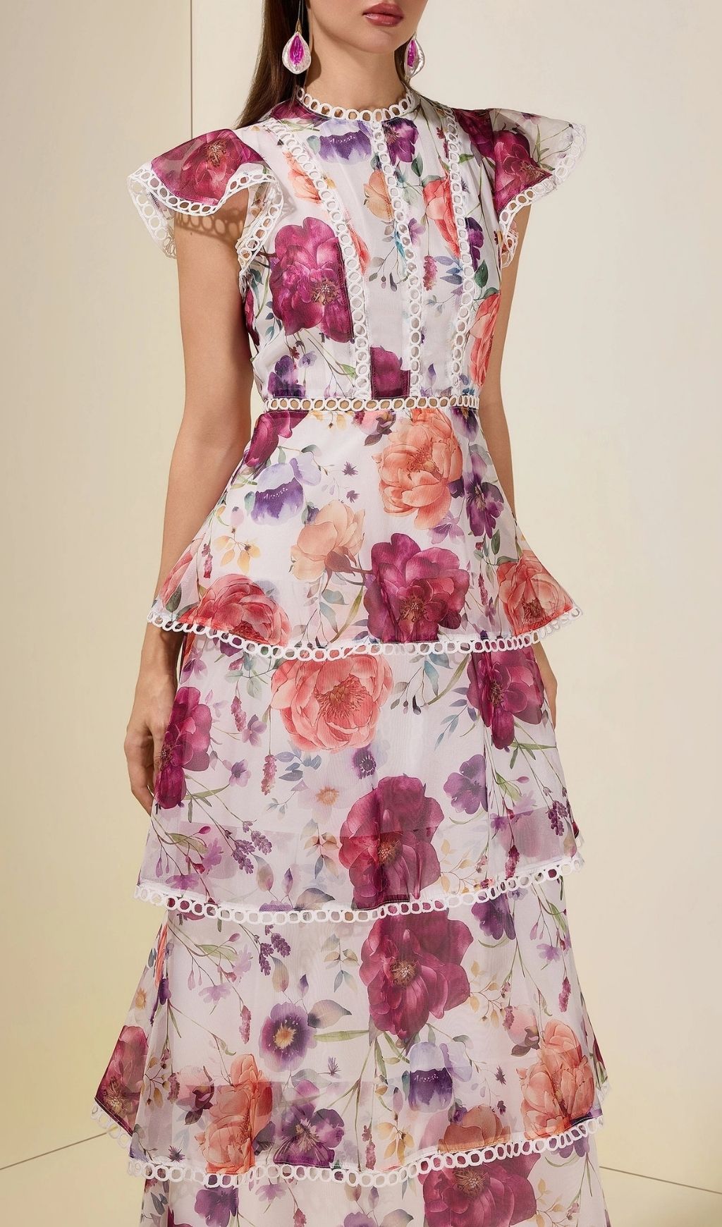 Zenobia Floral Lace Ruffle Maxi Dress - White