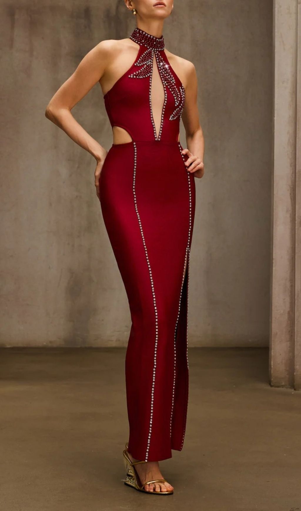 Dympna Crystal Cutout Halterneck Maxi Dress - Showstopping Red Carpet Gown