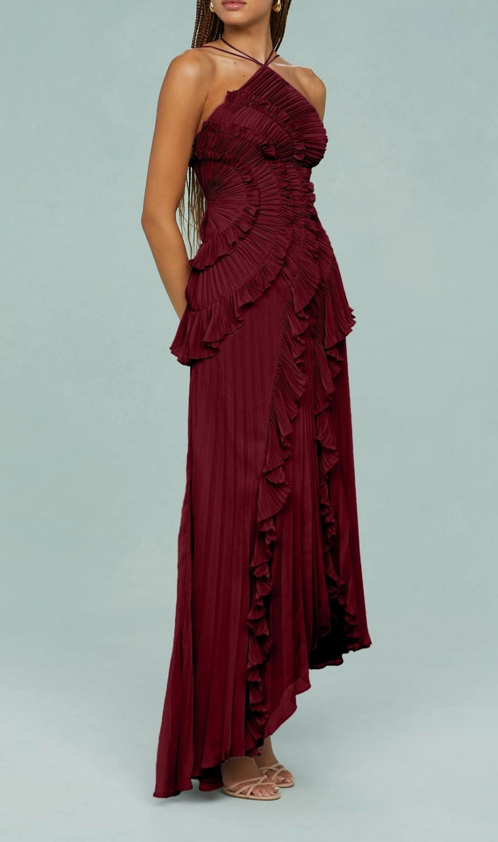 Finneas Crimson Red Halter Pleated Maxi Dress - Grecian Elegance