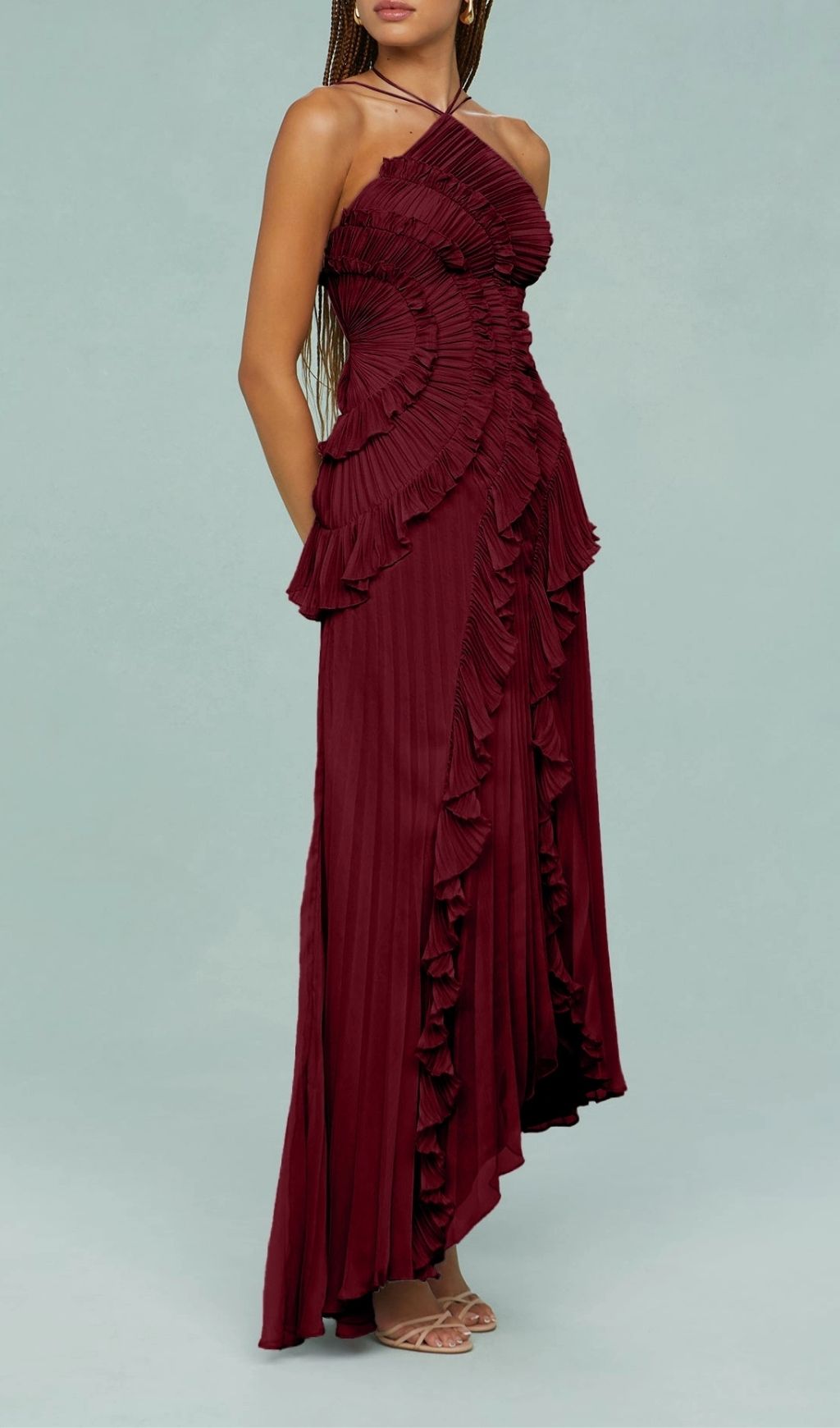 Finneas Crimson Red Halter Pleated Maxi Dress - Grecian Elegance