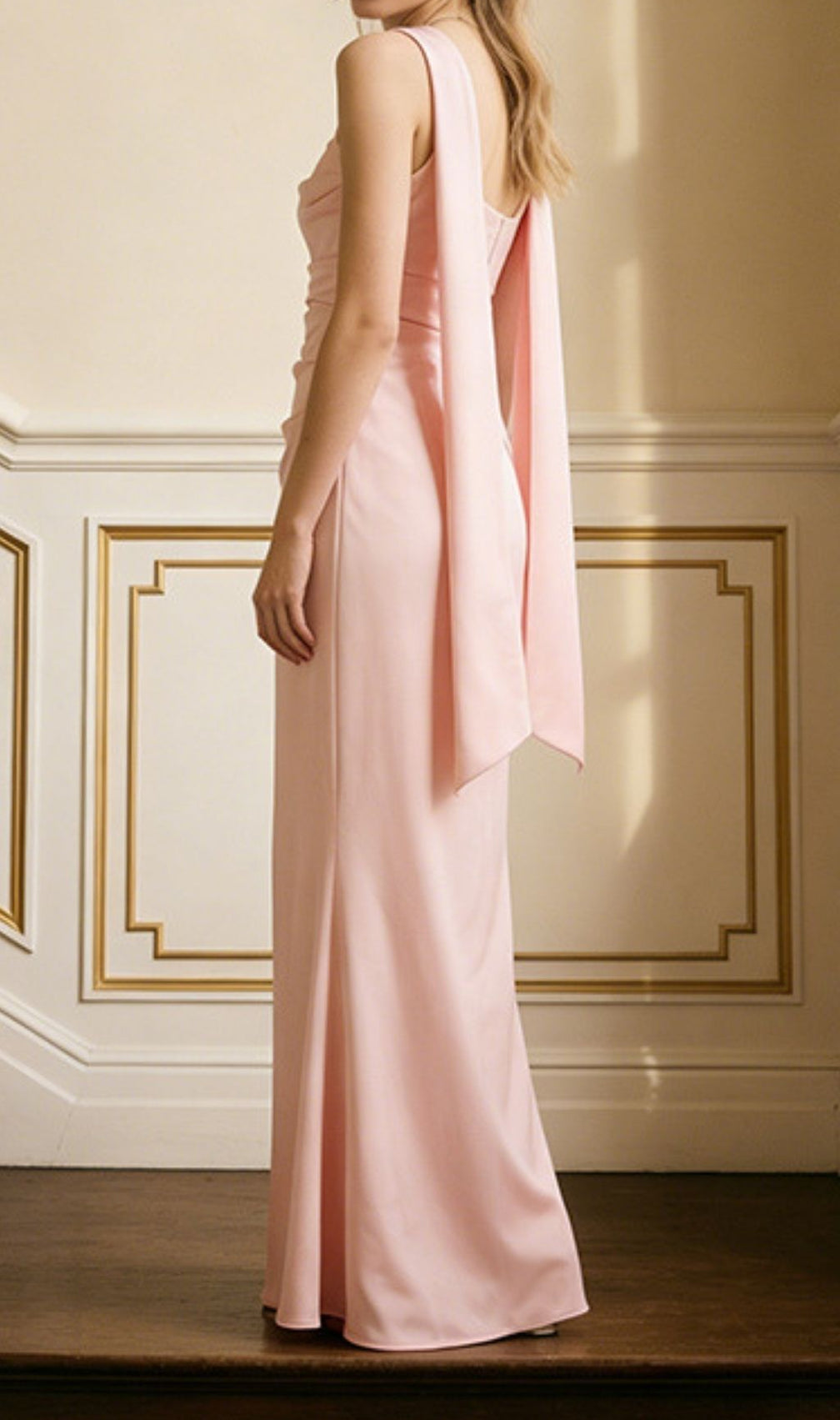 Kendria Blush Pink Satin Maxi Gown with Draped Scarf Detail