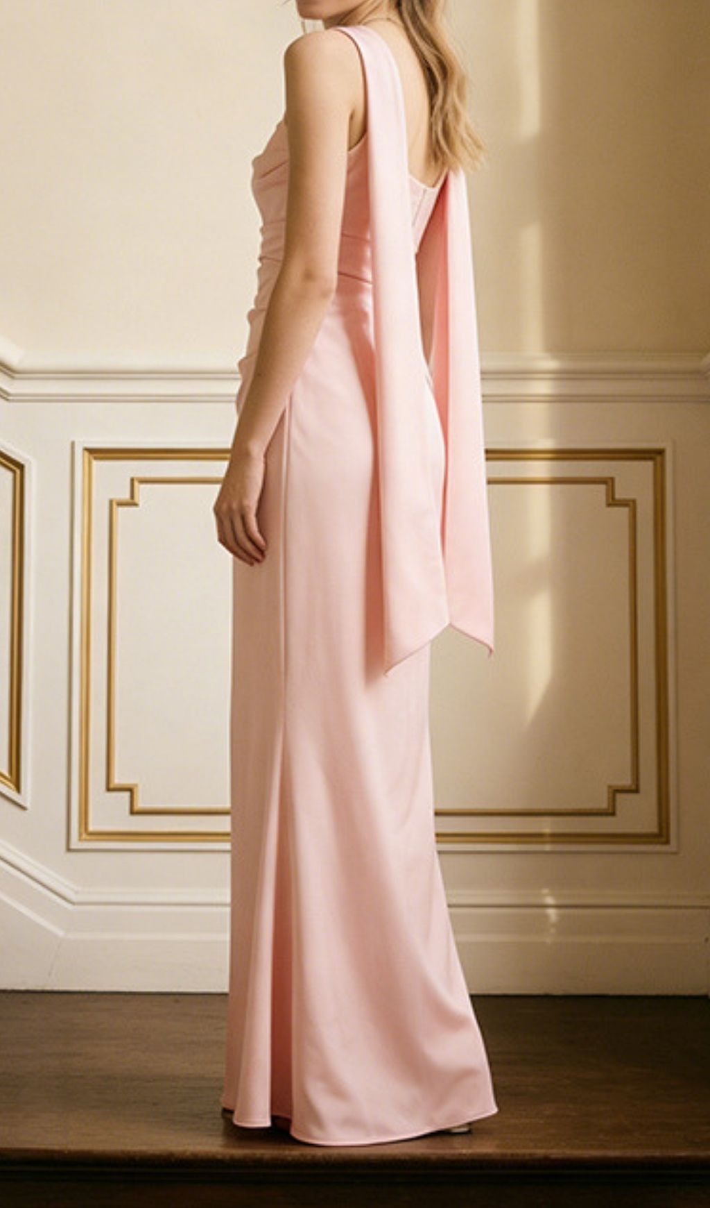 Kendria Blush Pink Satin Maxi Gown with Draped Scarf Detail