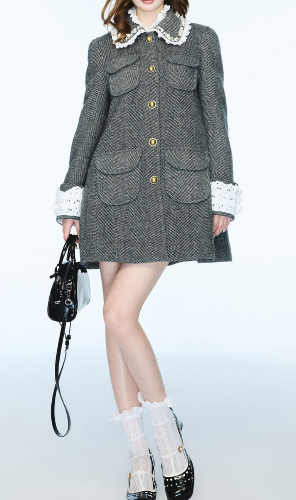 Ioan Chic Grey Patchwork Coat with Gold Buttons - Women's Herringbone Outerwear