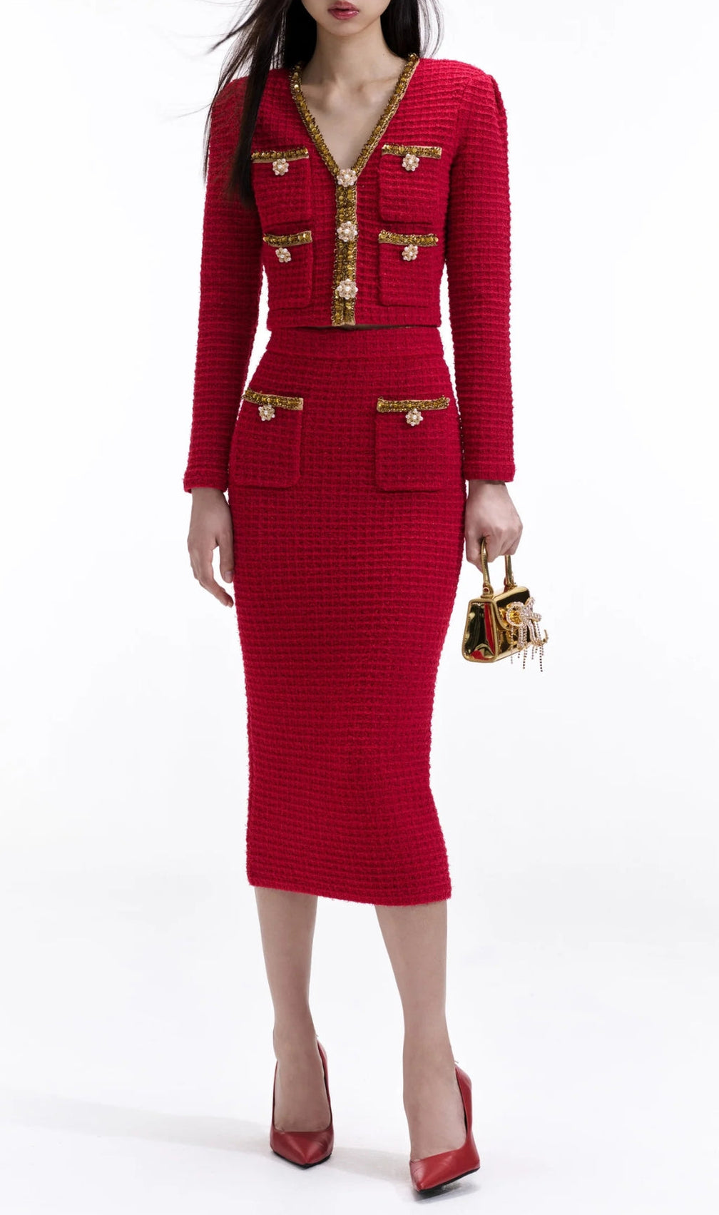 Allura Red Knit V Neck Cardigan Set