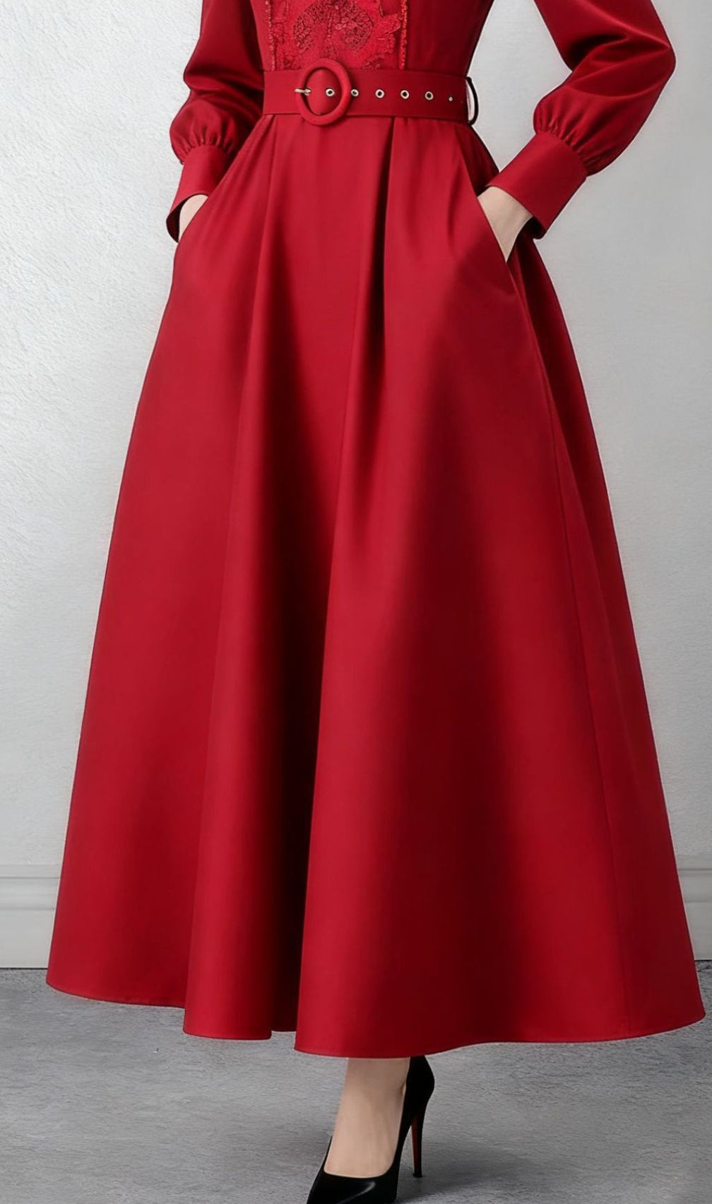 Ieuan Regal Red Ruffled & Embroidered Long Sleeve Maxi Dress with Pockets