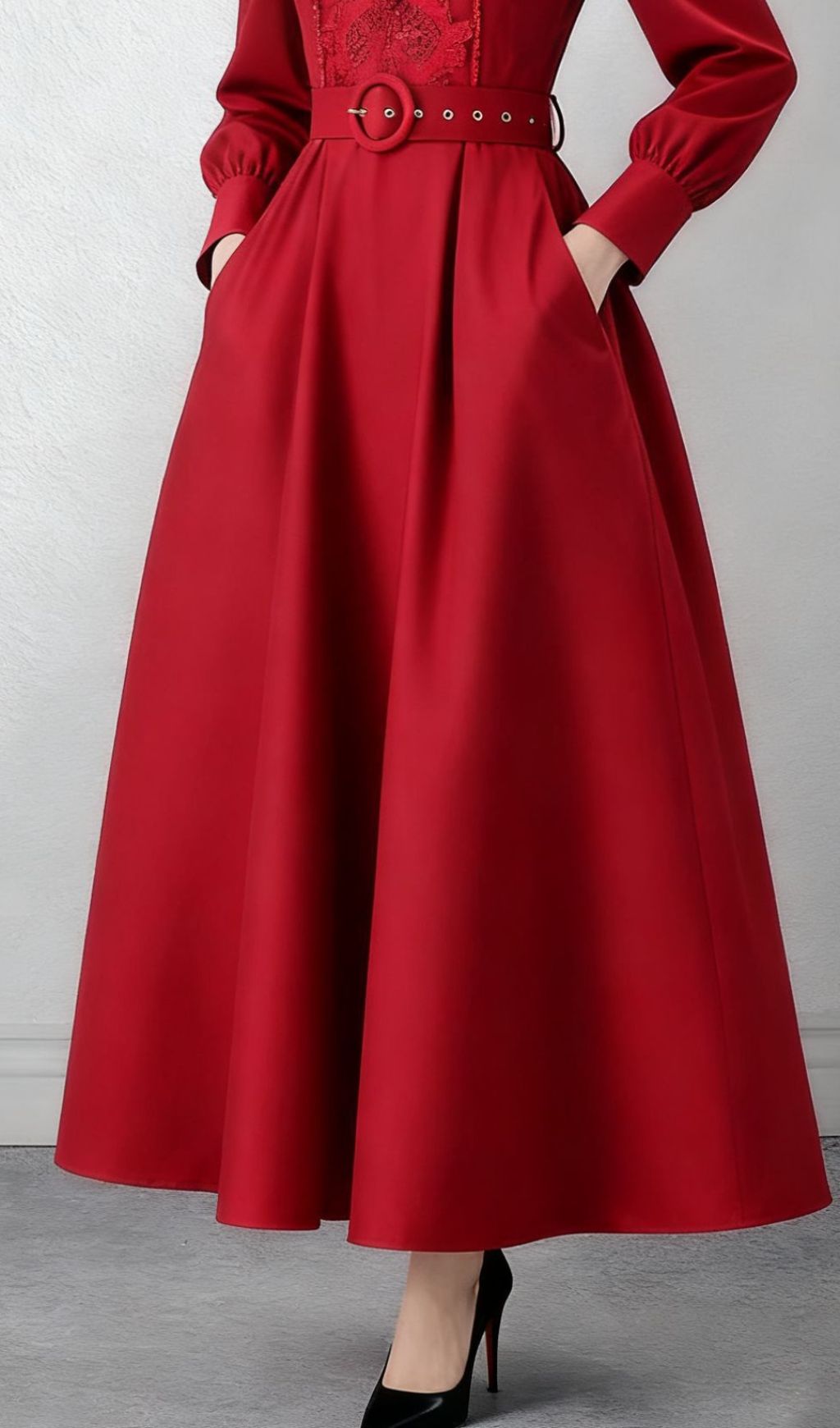 Ieuan Regal Red Ruffled & Embroidered Long Sleeve Maxi Dress with Pockets