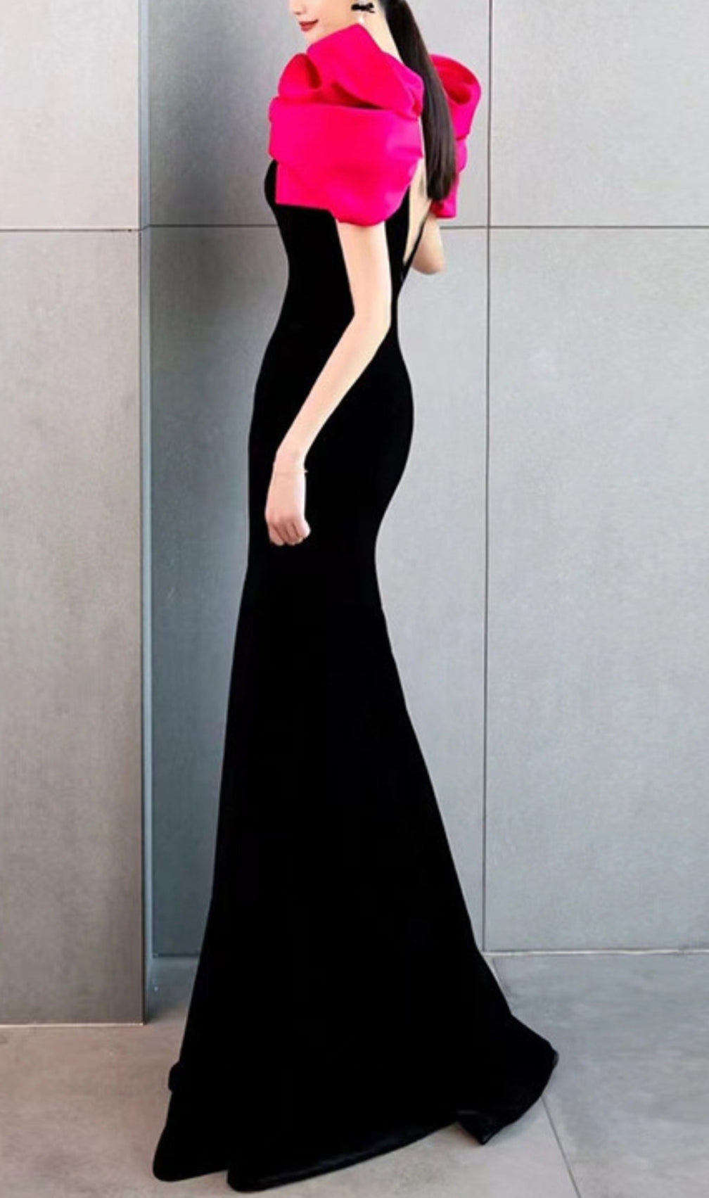 Red Puff Sleeve Black Maxi Dress