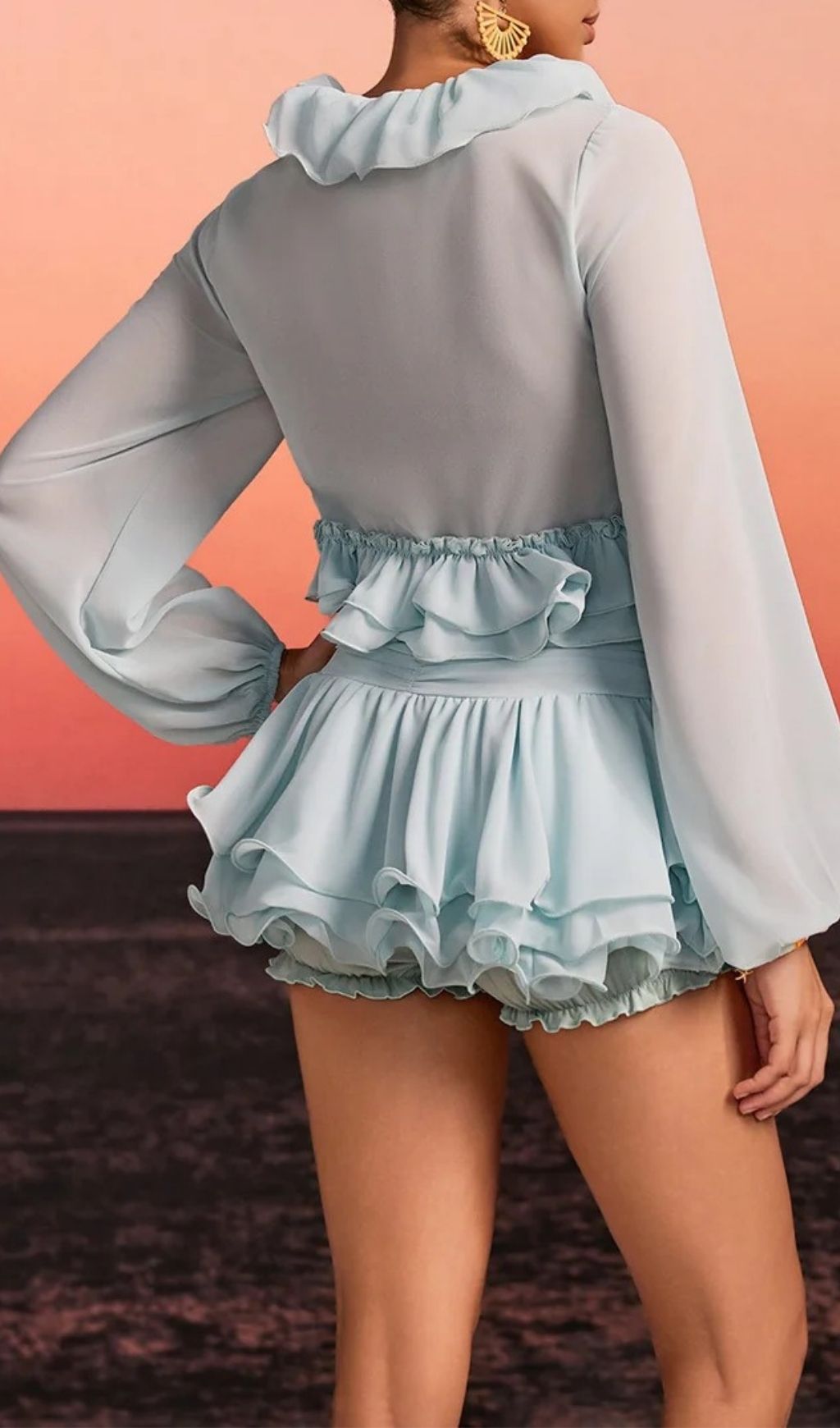 Evarn Sky Blue Ruffle Long Sleeve Mini Skirt Set - Effortless Chic