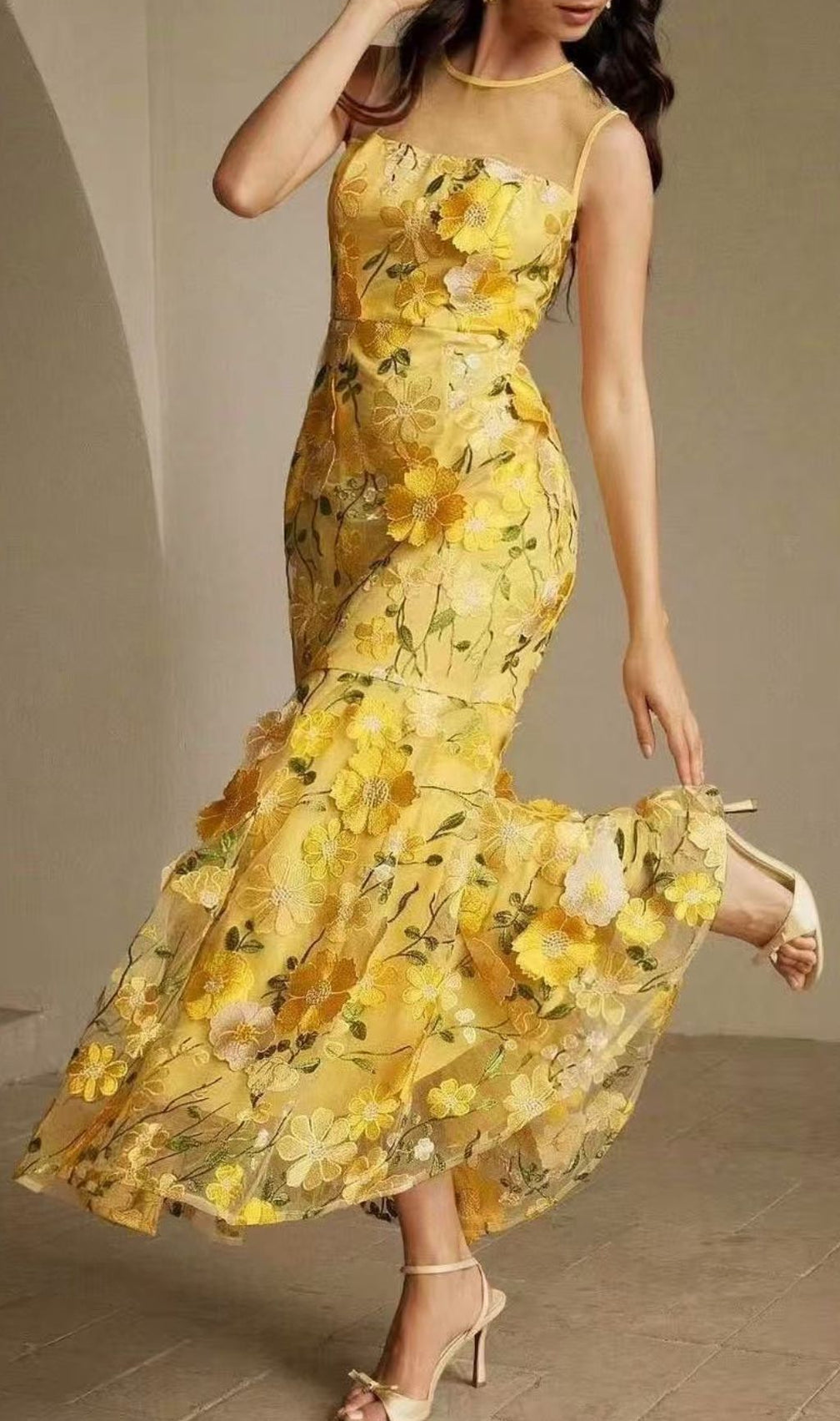 Hiraku Enchanted Yellow 3D Floral Embroidery Maxi Dress - Romantic Wedding Guest & Special Occasion Gown