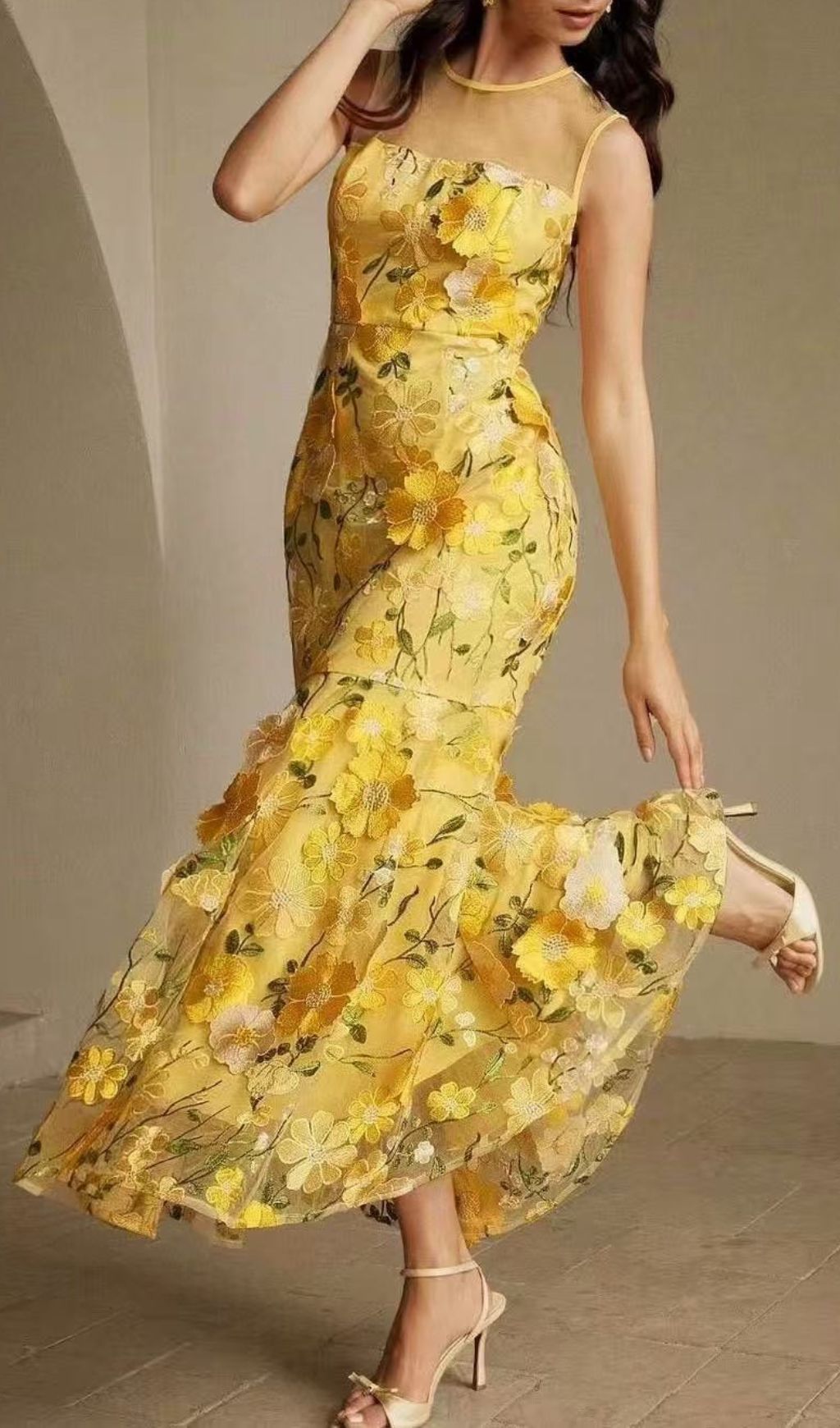 Hiraku Enchanted Yellow 3D Floral Embroidery Maxi Dress - Romantic Wedding Guest & Special Occasion Gown