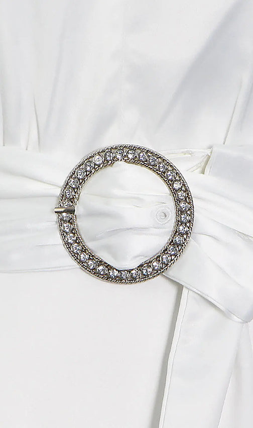 White Deep V Lantern Long Sleeve A-Line Dress