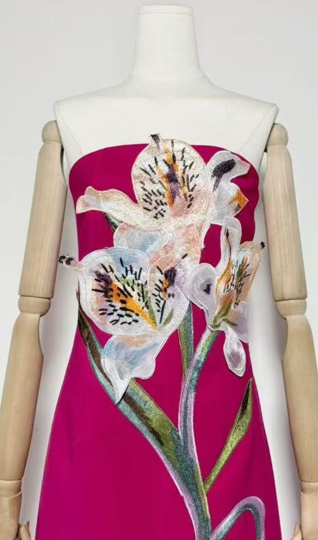 Jeneve Strapless 3D Floral Midi Dress | Elegant Magenta Statement Gown