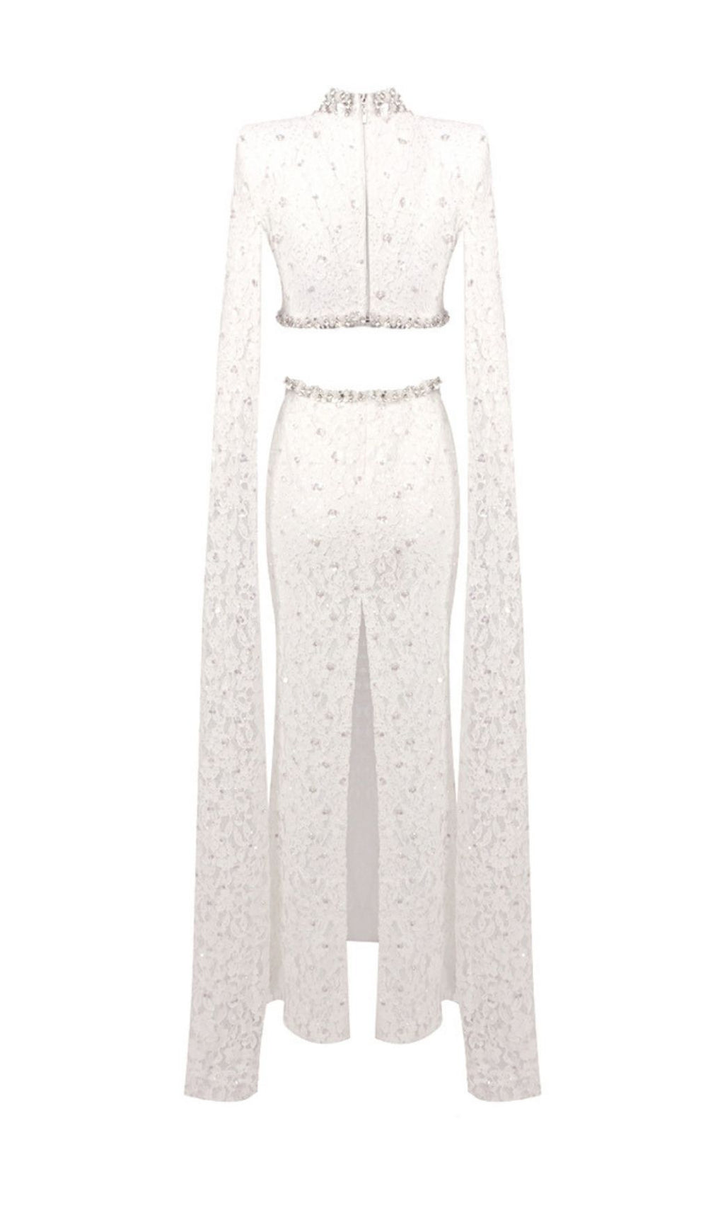 Katoka Glamour White Lace Sequin Cutout Maxi Gown with Flowing Cape Sleeves