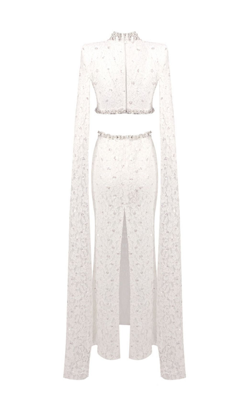 Katoka Glamour White Lace Sequin Cutout Maxi Gown with Flowing Cape Sleeves