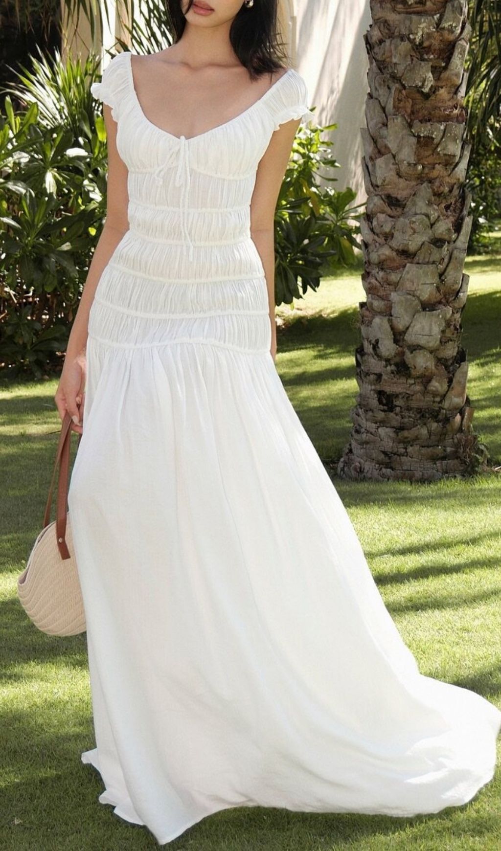 Keitarô Elegant White Smocked Maxi Dress - Tie-Front & Flowy Summer Gown