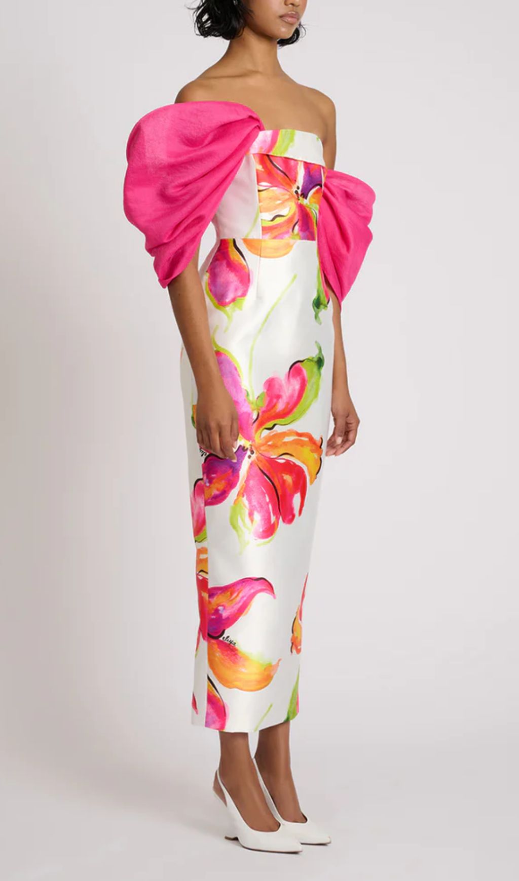Aldrich Floral Off-Shoulder Midi Dress | Dramatic Pink Ruffle Sleeves