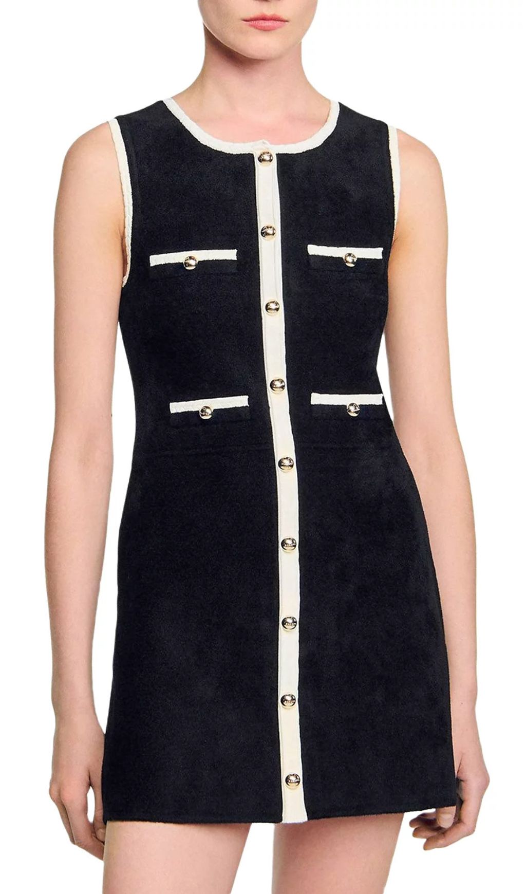 Jenne Black Sleeveless Mini Dress with Contrast Trim & Gold Button Details