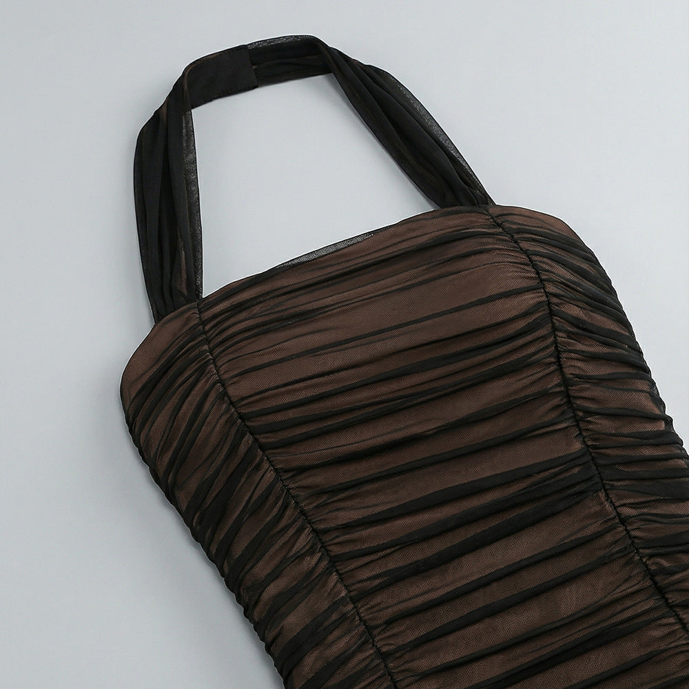 Jadzia Black Halter Ruched Mesh Maxi Dress – Elegant Evening Gown for Special Occasions