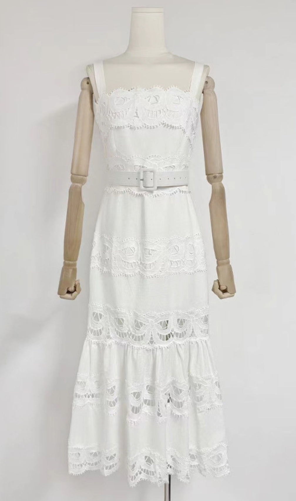 Everly White Embroidery Belt Midi Dress