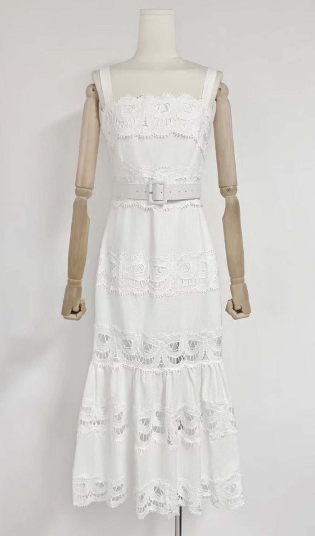 Everly White Embroidery Belt Midi Dress
