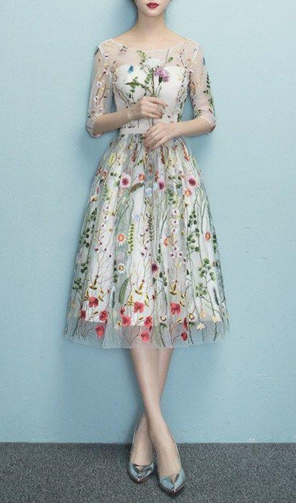 Daphne Flower Mesh Midi Dress