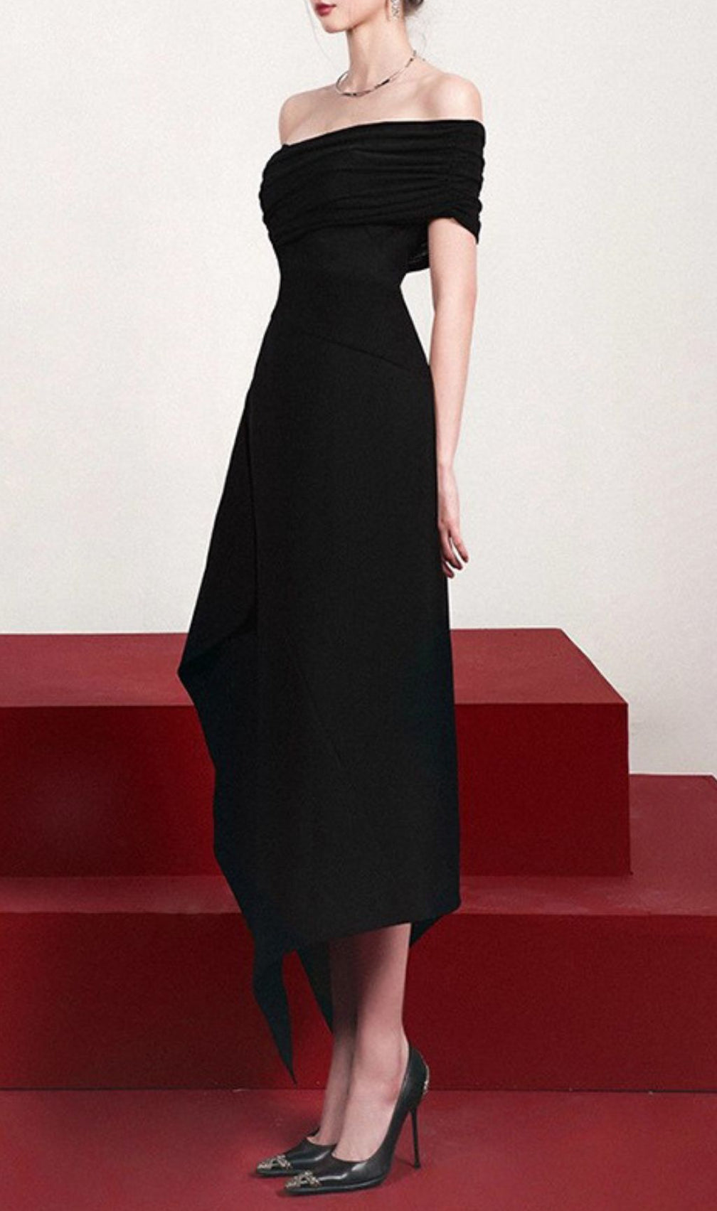 Iris Black Off-Shoulder Asymmetrical Maxi Dress - Elegant Evening Gown