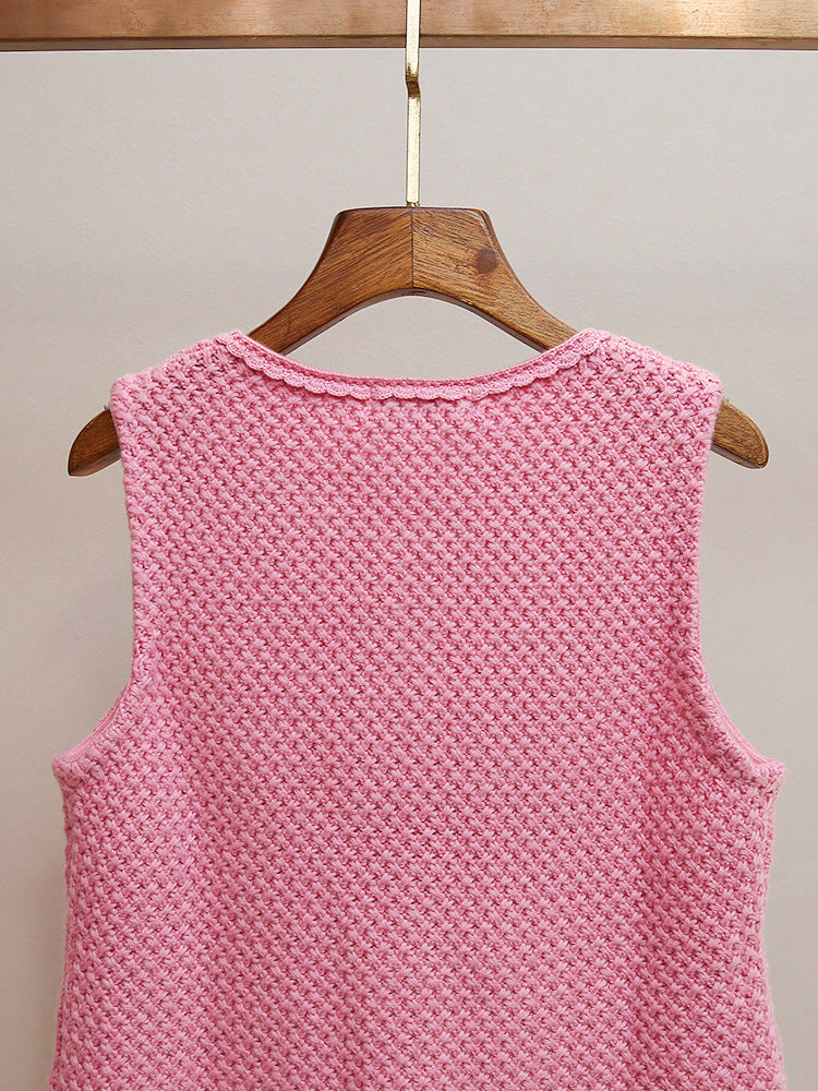 Chic Pink Knit Vest for Women | Elegant Scalloped Neckline & Gold Button Details