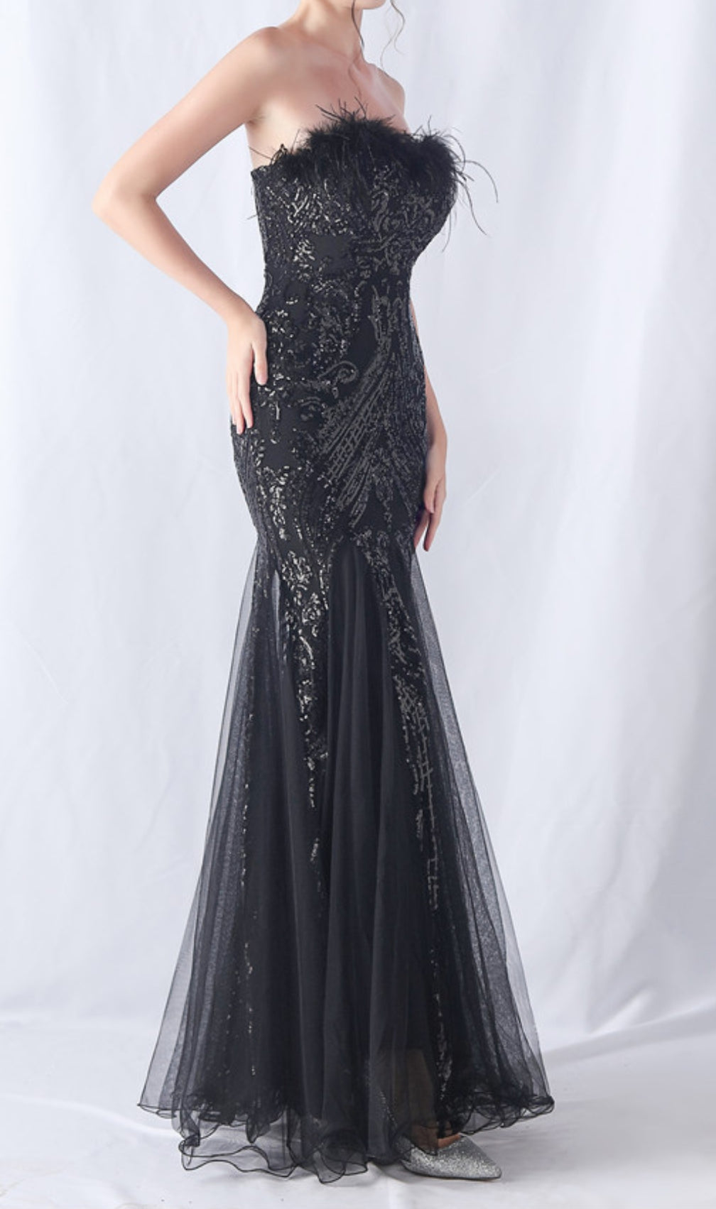 Choire Black Sequin Feather Maxi Dress