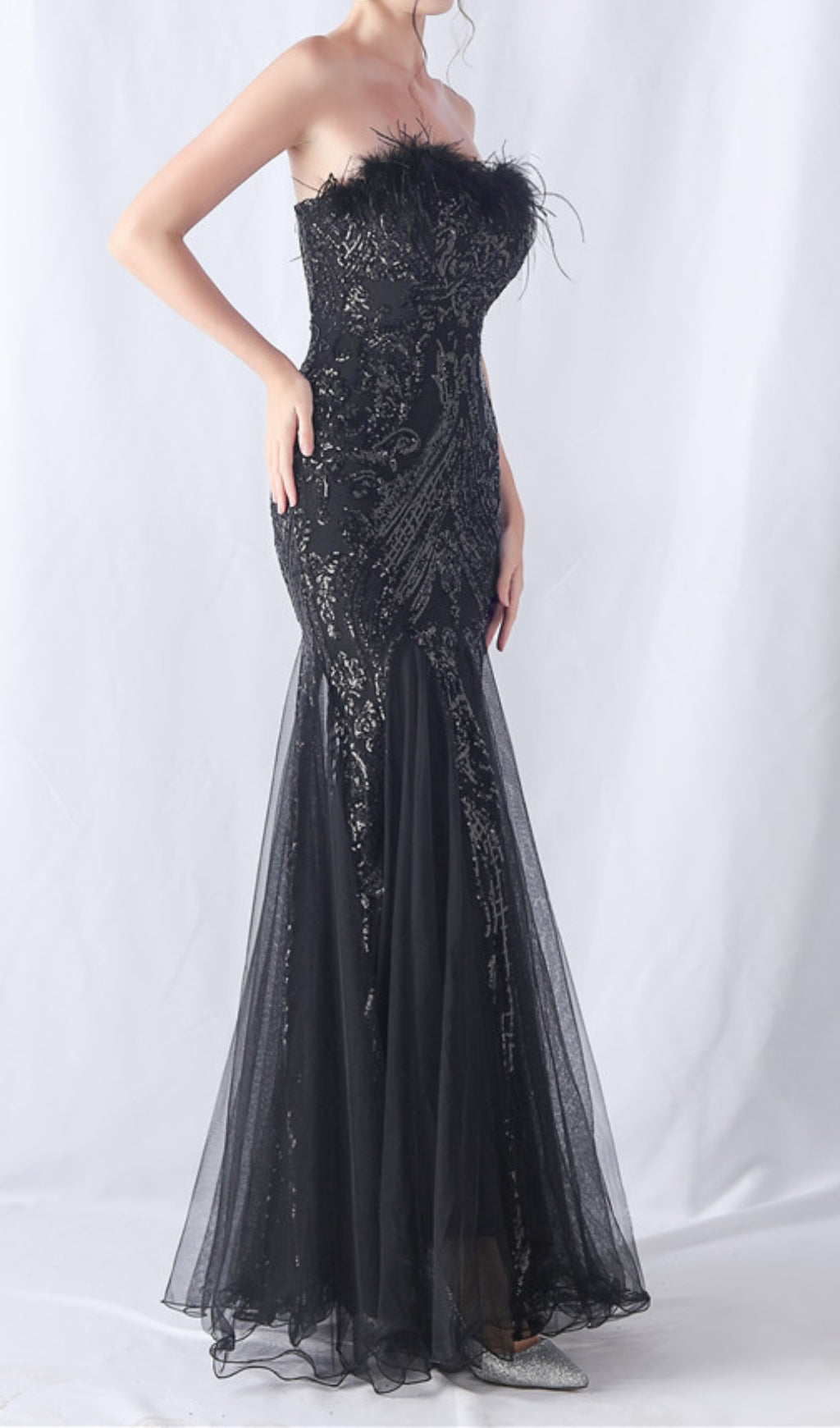 Choire Black Sequin Feather Maxi Dress