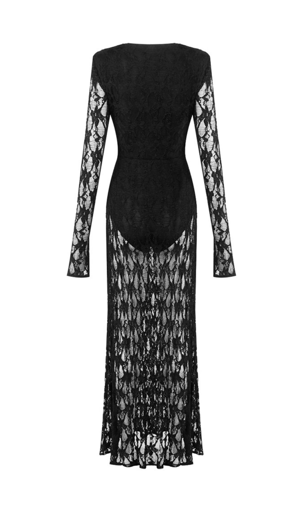 Jemma Black Sheer Lace Maxi Dress | Deep V-Neck Long Sleeve Evening Gown
