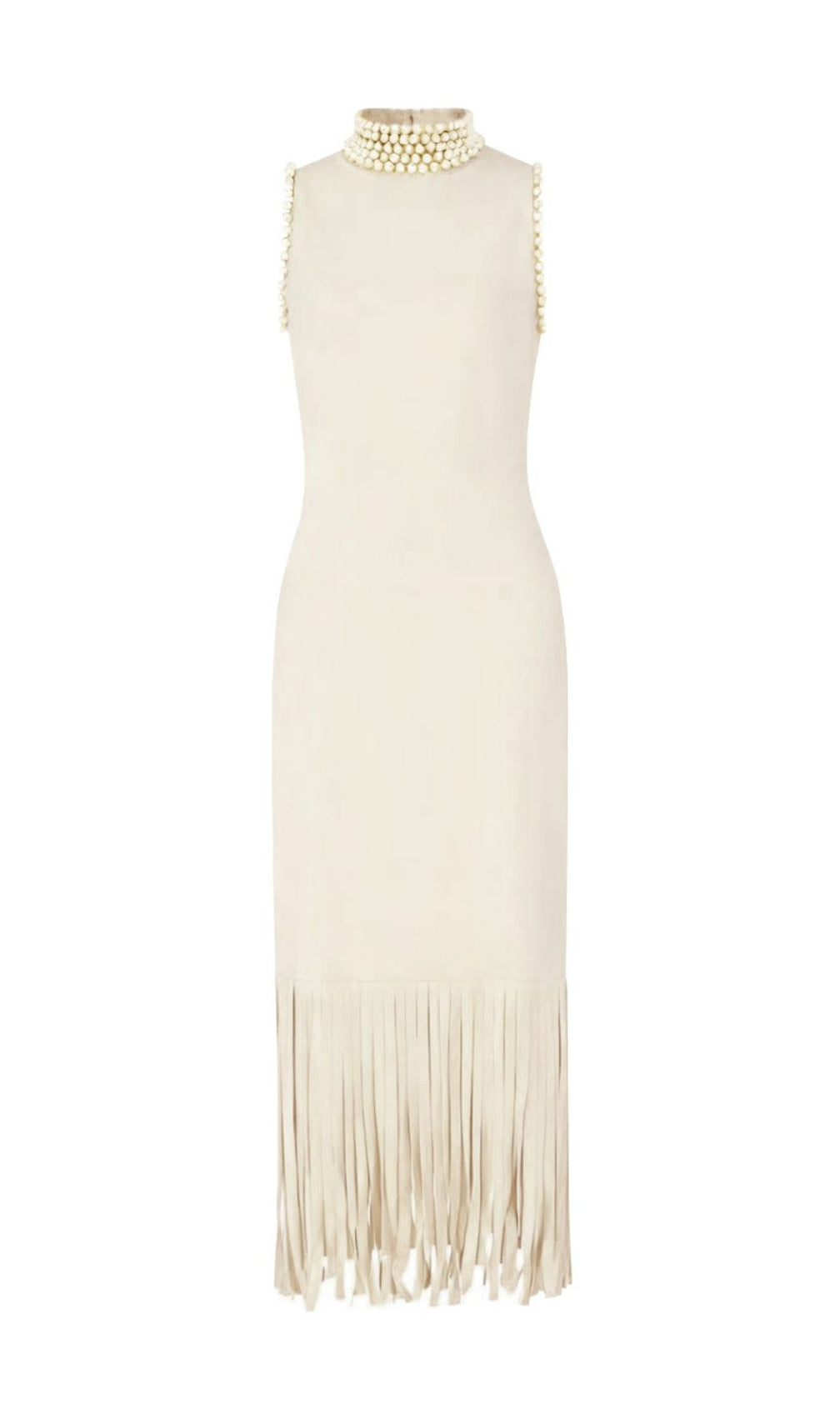 Junko Pearl Choker Sleeveless Knit Maxi Dress with Fringe Hem