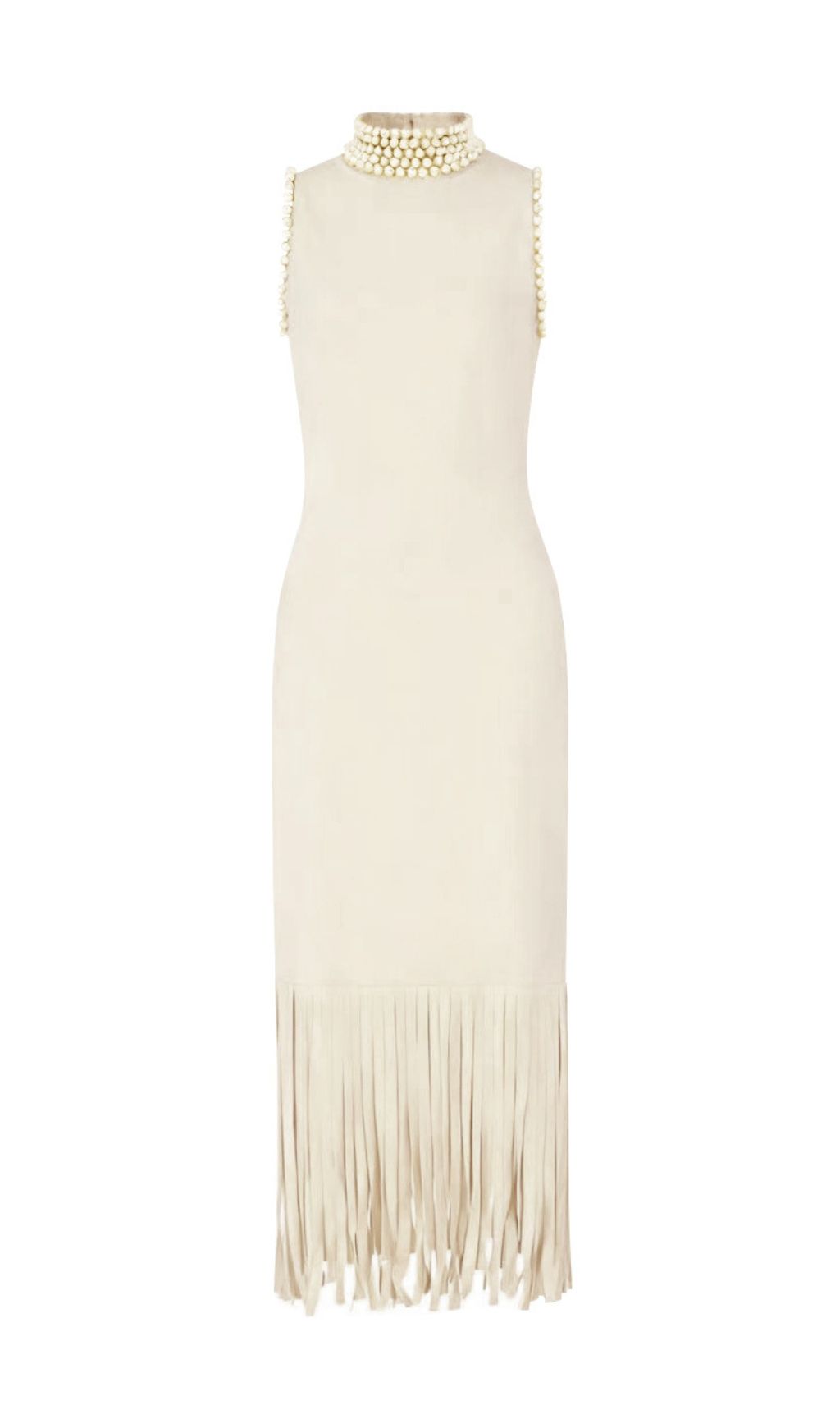 Junko Pearl Choker Sleeveless Knit Maxi Dress with Fringe Hem