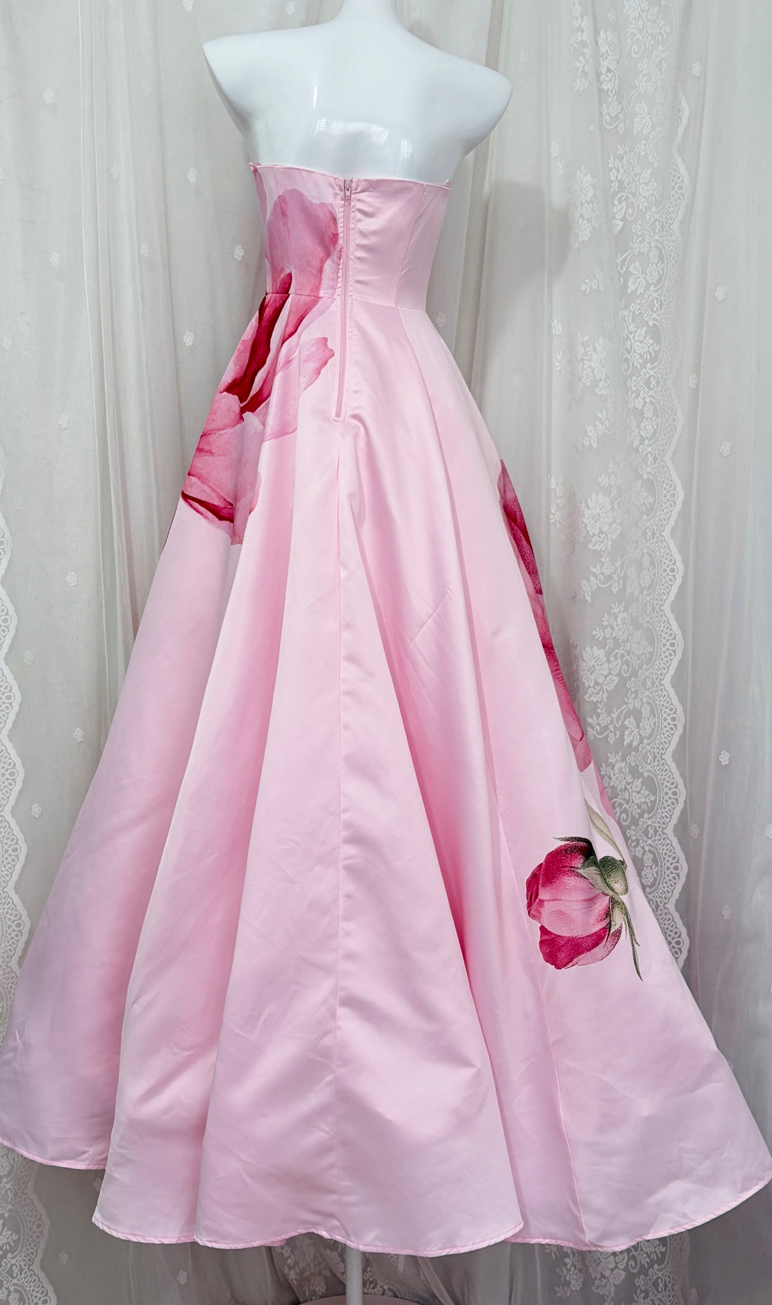 Pink Strapless Large Floral Print Satin Ball Gown