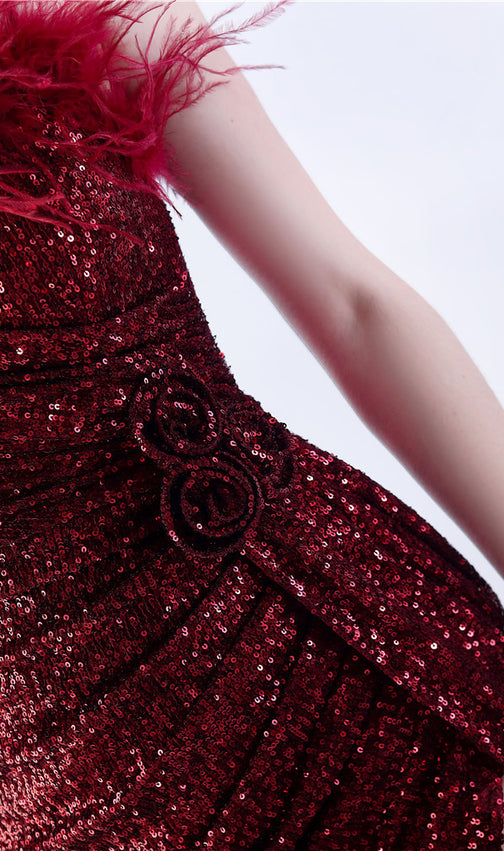 Chroma Wine Sequin Flower Feather Maxi Dress