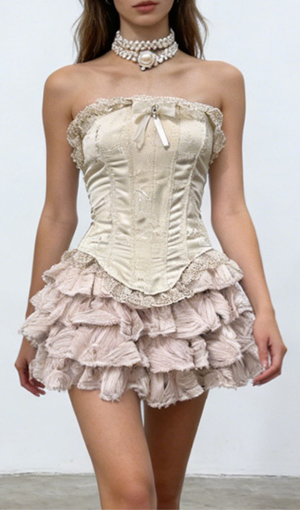 Kacee Elegant Strapless Corset & Tiered Ruffle Mini Skirt Set - Champagne Night Out