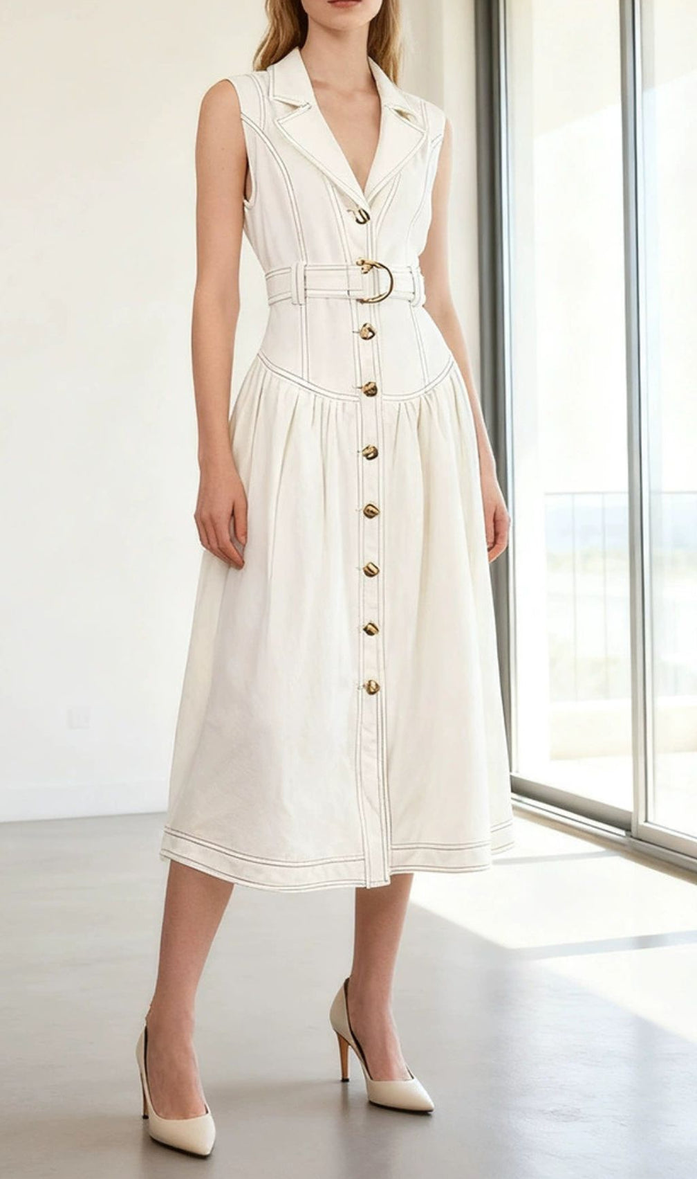 Ione Sleeveless Button-Front Denim Midi Dress | Chic & Belted Style